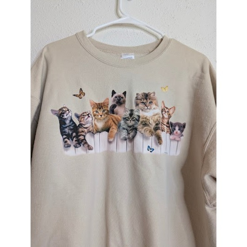 Vintage Jerzees Cats Sweatshirt Womens Size XL Tan‎ Pullover Crewneck Kittens - Picture 4 of 5